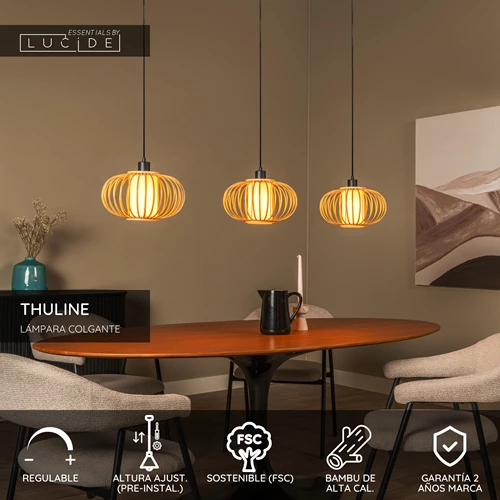 Lucide THULINE - Lámpara colgante - 3xE27 - Madera ligera - Essential - USP